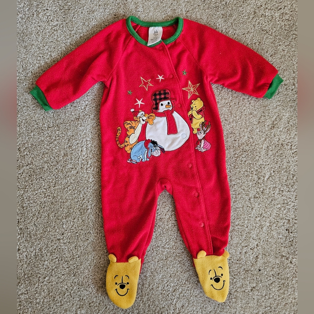 Disney Winnie The Pooh Christmas Fleece Red and Green Kids One Piece Footie